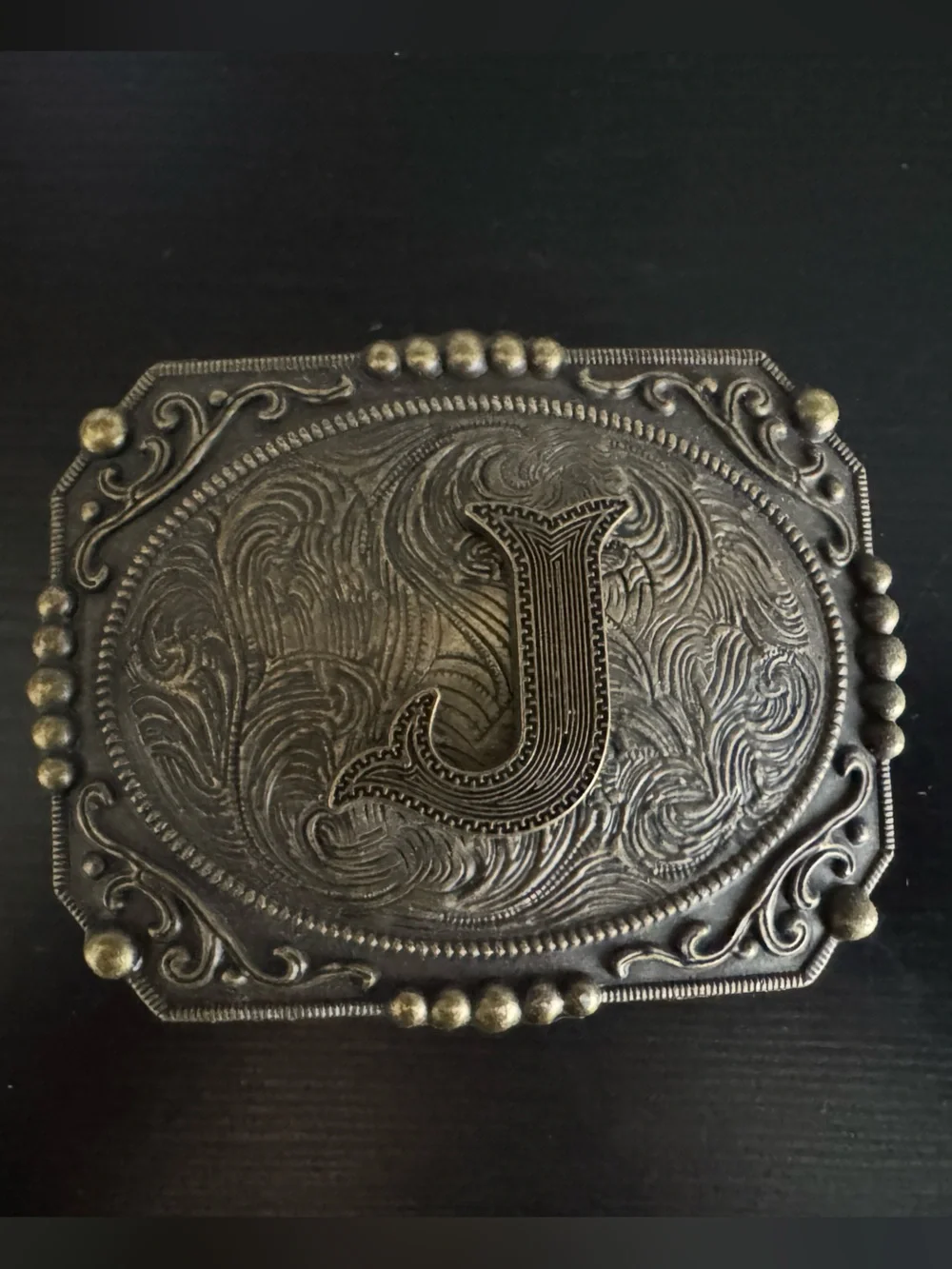 Monogram 'J' Ornate Metal Belt Buckle in Aged Bronze